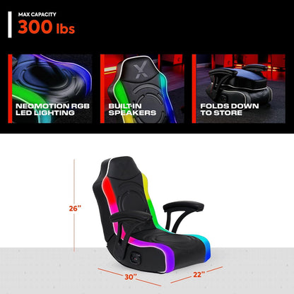 X Rocker Emerald RGB LED Silla mecedora para videojuegos de piso con reposacabezas altavoces, reposabrazos, plegable, piel vegano, 200 libras, máximo, exclusivo de , negro