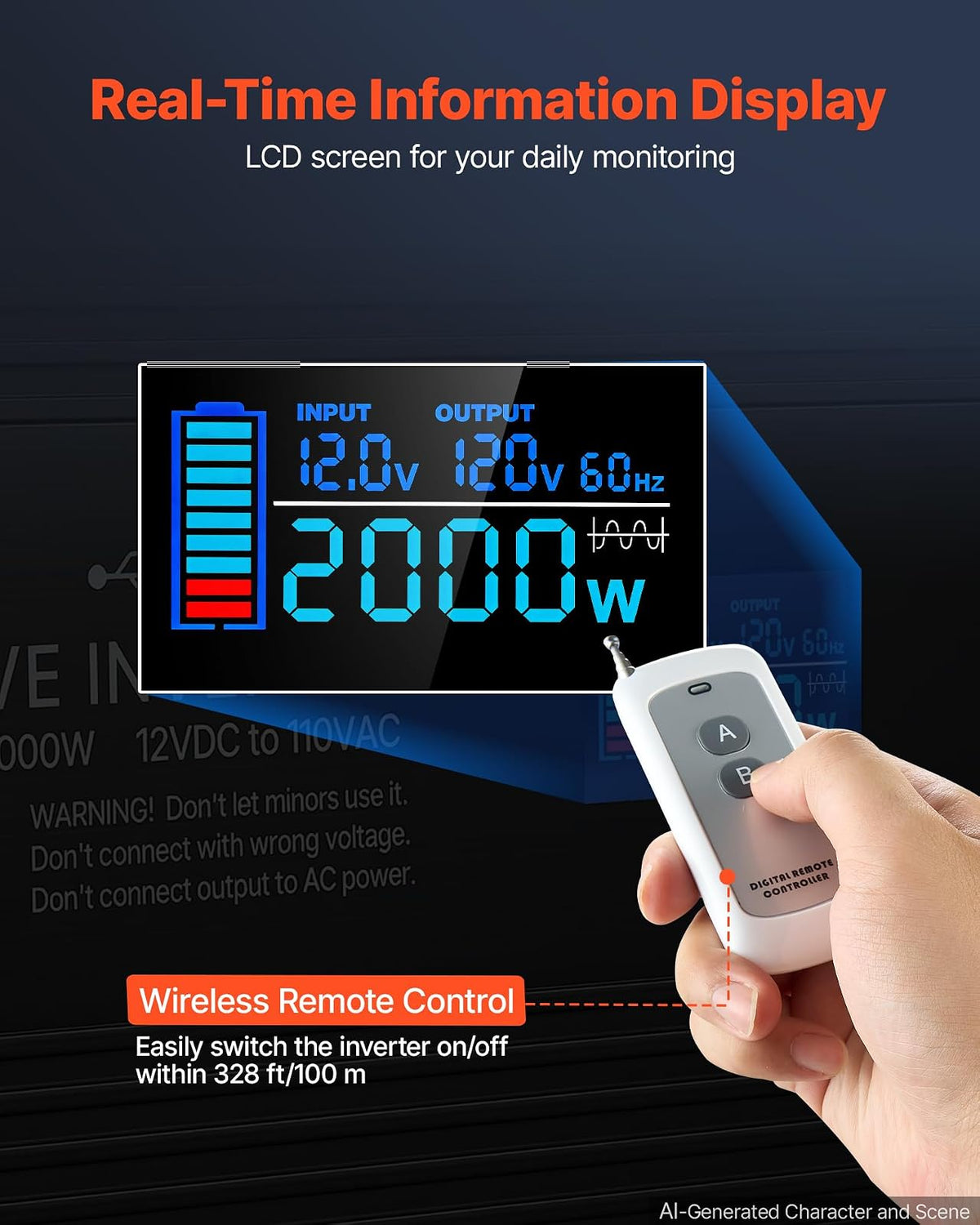 VEVOR Inversor de Onda sinusoidal Pura, 2000 vatios, CC 12 V a CA 120 V inversor de Corriente con 2 Salidas de CA, 2 Puertos USB, 1 Puerto Tipo C, visualización LCD y Control Remoto para Equipos