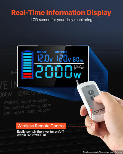 VEVOR Inversor de Onda sinusoidal Pura, 2000 vatios, CC 12 V a CA 120 V inversor de Corriente con 2 Salidas de CA, 2 Puertos USB, 1 Puerto Tipo C, visualización LCD y Control Remoto para Equipos