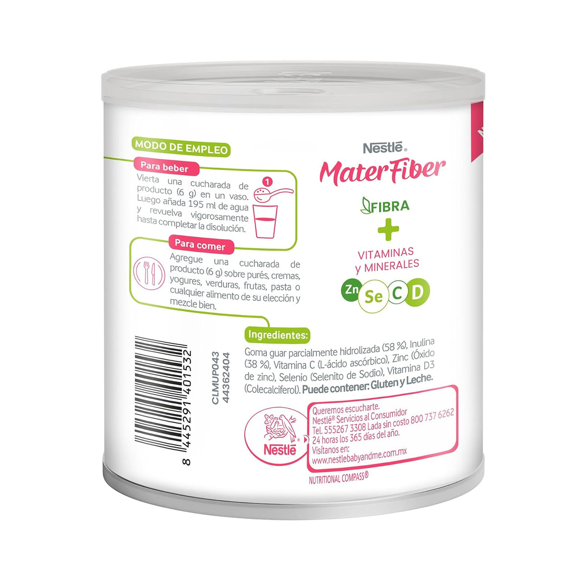 MaterFiber Nestlé Suplemento Fibra con Vitaminas C D Zinc Selenio Alivia Estreñimiento Flora Intestinal Polvo Lta de 300 g