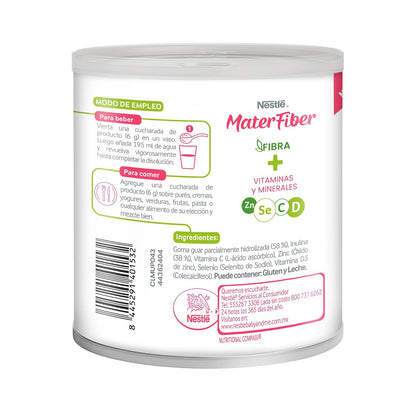 MaterFiber Nestlé Suplemento Fibra con Vitaminas C D Zinc Selenio Alivia Estreñimiento Flora Intestinal Polvo Lta de 300 g