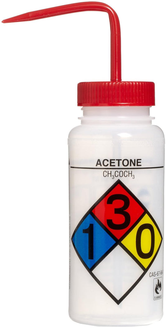 SP Bel-Art - Botellas de lavado de boca ancha de acetona de 4 colores etiquetadas con seguridad; 500 ml (16 oz), polietileno con tapa de polipropileno rojo (F11716-0001), natural (paquete de 4)