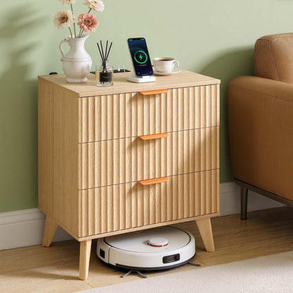 VEVOR Mesita de Noche Acanalada con estación de Carga, 3 cajones, cómoda para Dormitorio, Mesa Auxiliar Moderna de Mediados de Siglo, mesita de Noche, Mueble de Almacenamiento, cómoda, Color Caqui
