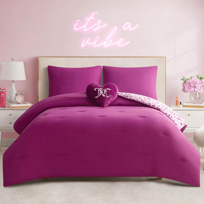 Juicy Couture - Juego de edredón Reversible de Felpa con Corazones de Leopardo de 4 Piezas con Almohada Decorativa