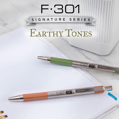 Zebra Pen F-301 Signature Series - Bolígrafo retráctil de 0,7 mm, tinta negra, barril de acero inoxidable duradero con detalles de tonos terrosos, detalles de barril surtidos, paquete de 4 (27304)