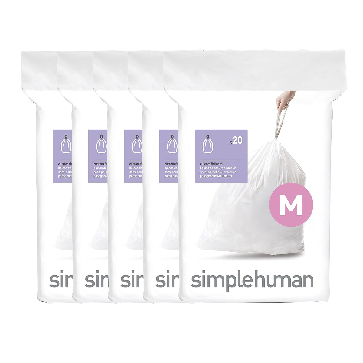 simplehuman Código K Bolsas de Basura con Cordón, Blanco, 100 pzas - Blanco - 100 Unidades - Código M