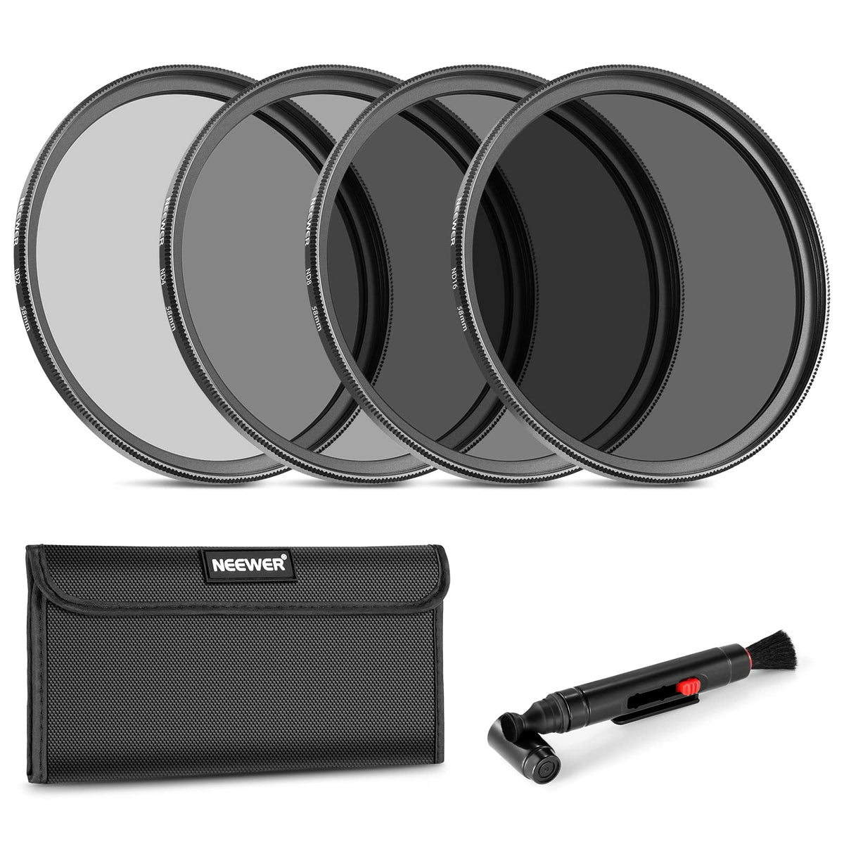 NEEWER Kit de Filtros ND2 ND4 ND8 ND16 con Accesorios para Cámara DSLR - 58mm