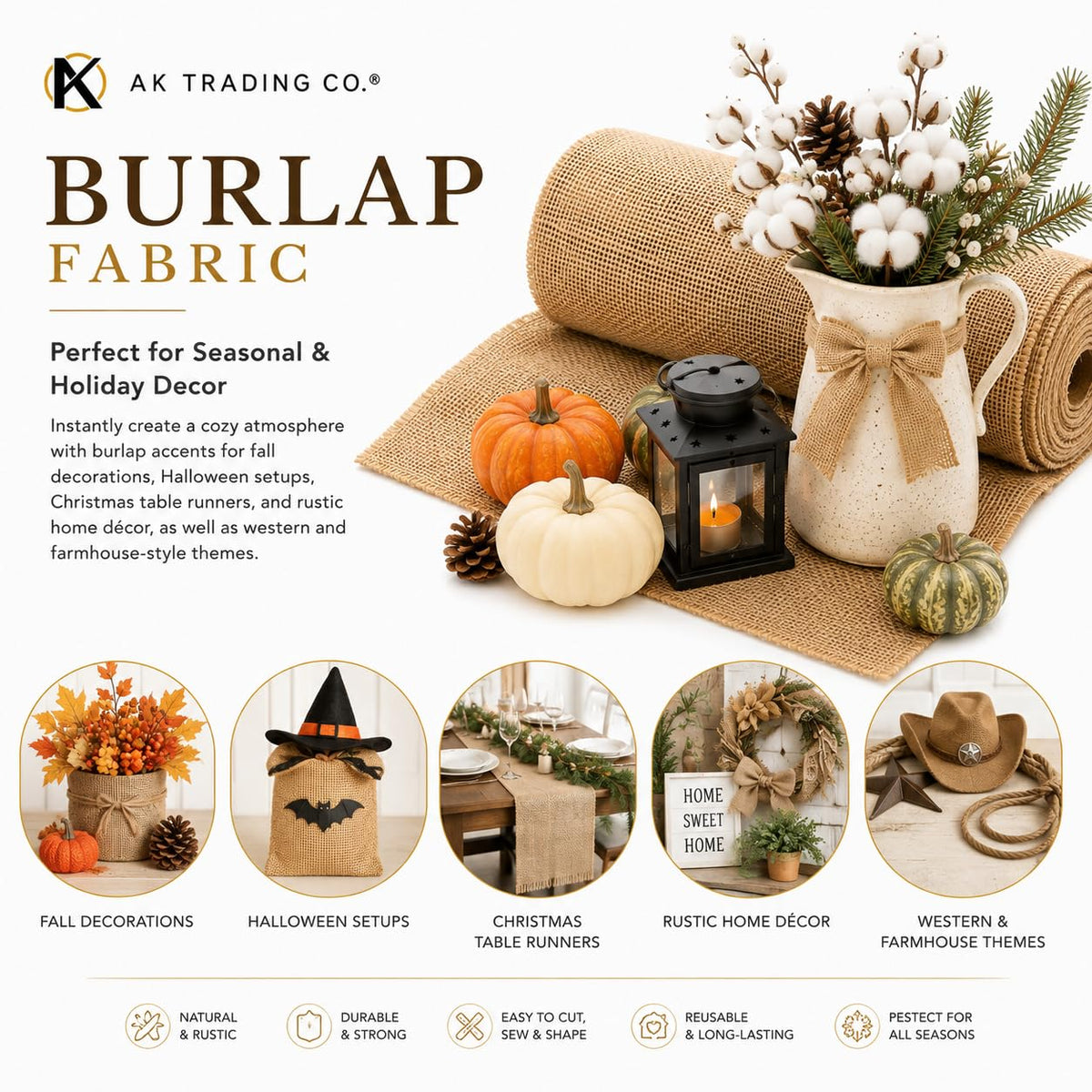 AK TRADING CO. 40 pulgadas de ancho x 10 yardas (30 pies) – Tela de arpillera natural multiusos – para decoración, manualidades, hogar, bodas, manteles, paisajismo, proyectos de jardín y mucho más