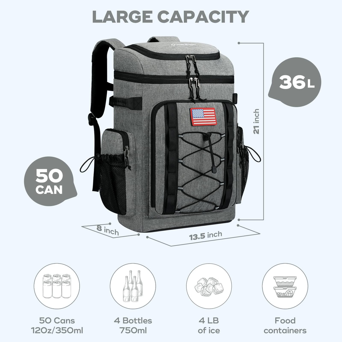 Maelstrom - Mochila enfriadora de 50 latas con Aislamiento Suave, portátil, Ligera, a Prueba de Fugas, Enfriador de Playa de Gran Capacidad, Mochila de Almuerzo Impermeable para Hombres y Mujeres