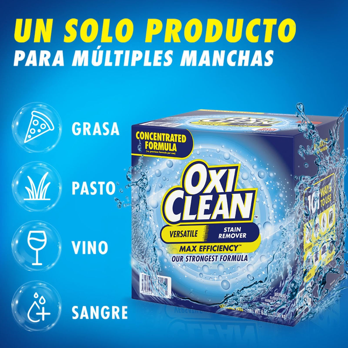 OxiClean Max Efficiency Quitamanchas en Polvo 3.6 kg. 101 Maneras de Uso. Elimina Manchas sin Tallar. Fórmula Concentrada, 20% más Poder de Oxígeno. Versátil para múltiples superficies