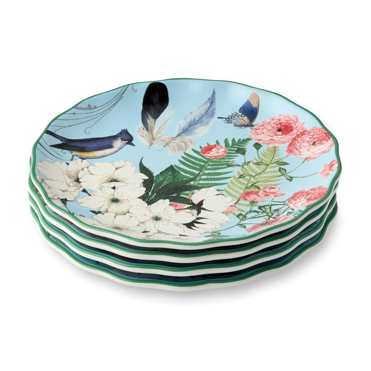 Flora - Juego de 4 platos de ensalada - Platos de cerámica de 9 pulgadas con vibrantes diseños florales, mariposas y libélulas, vajilla duradera para ensaladas, aperitivos y postres