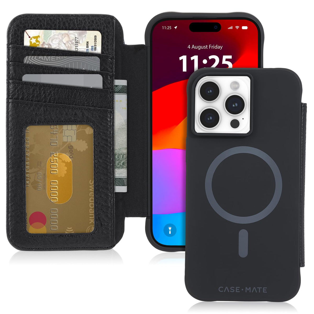 Case-Mate - Funda tipo portafolios para iPhone 15 Pro Max, color negro [protección contra caídas de 12 pies] [compatible con MagSafe] Funda magnética con tapa tipo folio hecha con piel guijarro auténtico, soporte de paisaje, efectivo y tarjetero