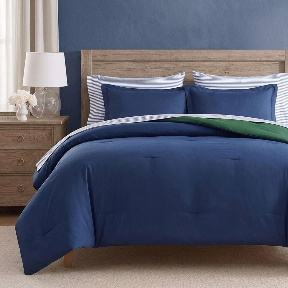 Nautica - Juego de Cama Individual XL Reversible, Incluye Funda Estándar, Sábana Bajera, Funda de Almohada y Bolsa de Lavandería, 5 Piezas, Tamaño Twin, Azul Marino