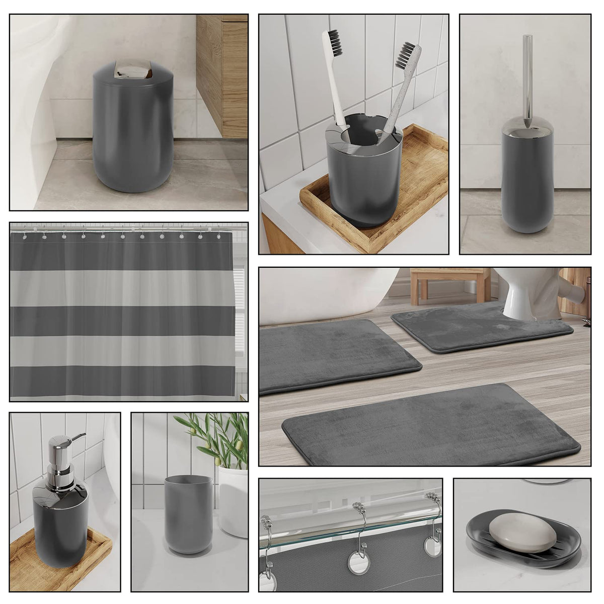 CLARA CLARK - Juego de Accesorios de baño, Juego de Cortina de Ducha, dispensador de jabón, Cepillo para Polvo de Inodoro y Bote de Basura (Gris, Juego Completo + Alfombras de baño)