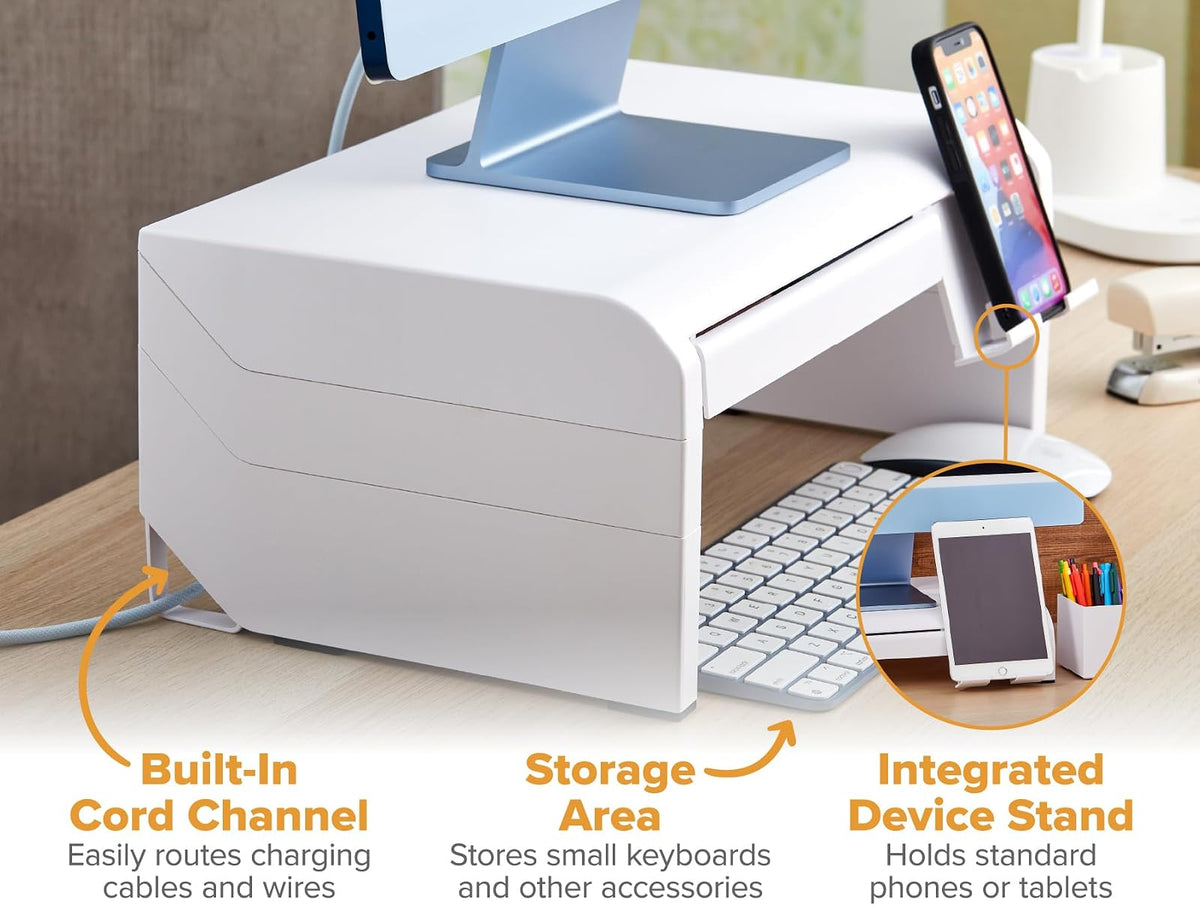 Bostitch Konnect - Elevador Ajustable para Monitor con cajón y Soporte para teléfono Celular, Soporte para computadora portátil, 4 Niveles de Altura, gestión de Cables y Patas de Goma