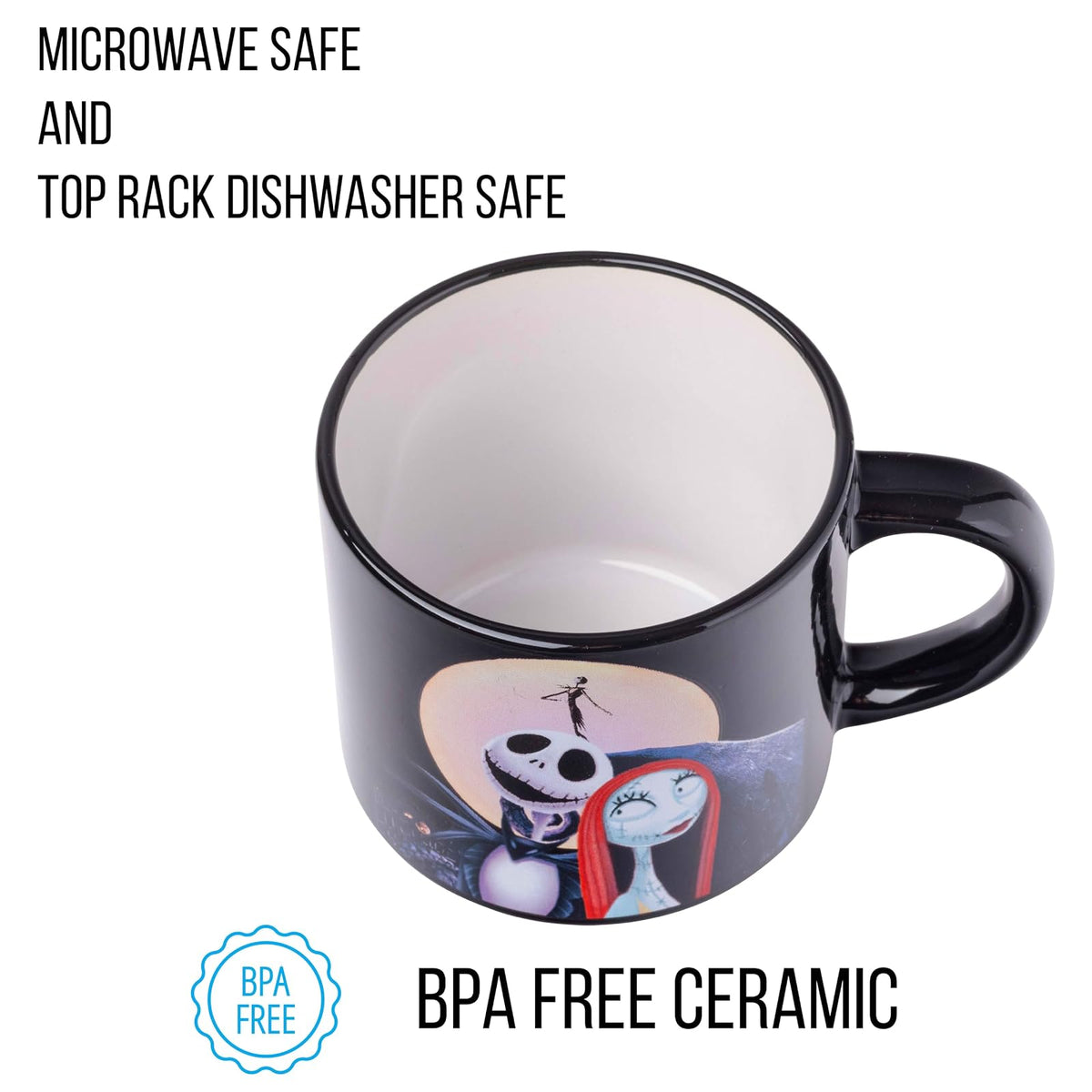 Silver Buffalo: Juego de 4 tazas de cerámica Nightmare Before Christmas Jack y Sally, 10 onzas, paquete de 4 tazas de cerámica, juego de 5 piezas