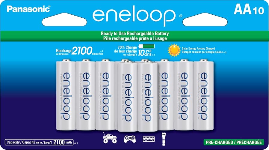Eneloop Panasonic BK-3MCCA10FA AA 2100 Ciclo Ni-MH baterías Recargables precargadas, Paquete de 10 baterías