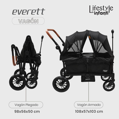 INFANTI | Vagón EVERETT Doble | Soporta 50 kg | Asientos Seguros Toldos Desmontables | Mango Ajustable | Ruedas con Amortiguación | Frenos Integrados | Plegado Compacto | Color Negro