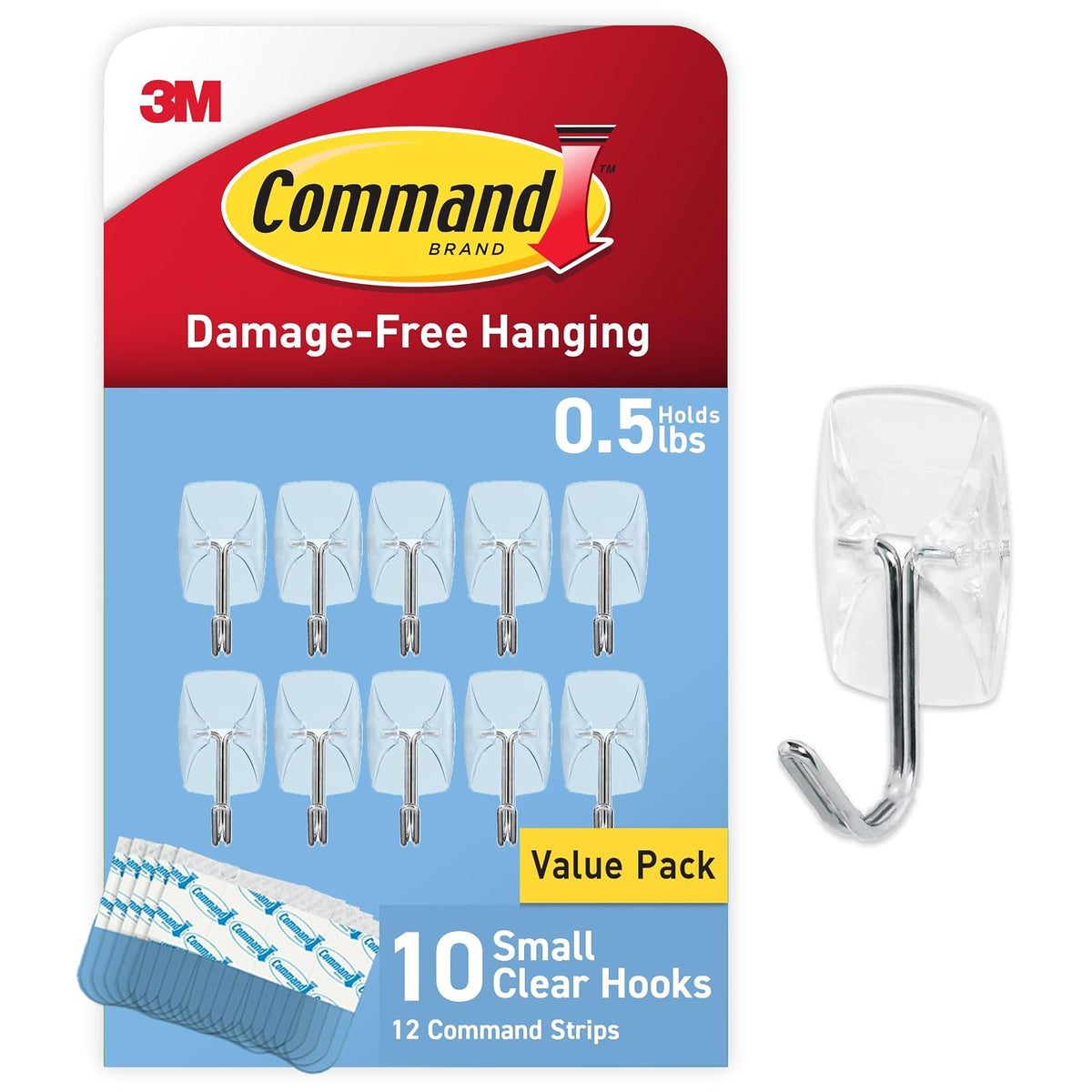 Command Small Clear Wire Hooks Clear Small Wire Hooks, 10 Hooks, 12 Strips (CL067-10NA) - Easy To Open Packaging