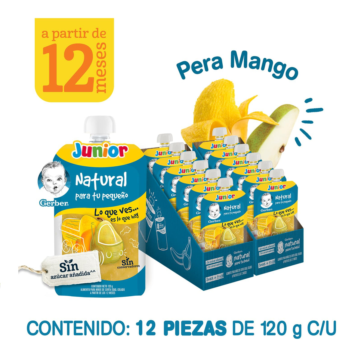 Papilla Gerber Pouch Pera Mango Etapa 4 120g Paquete de 12