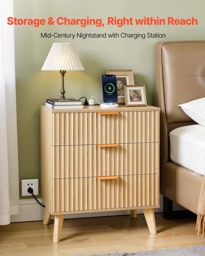 VEVOR Mesita de Noche Acanalada con estación de Carga, 3 cajones, cómoda para Dormitorio, Mesa Auxiliar Moderna de Mediados de Siglo, mesita de Noche, Mueble de Almacenamiento, cómoda, Color Caqui