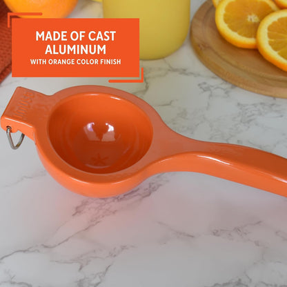 IMUSA USA VICTORIA-70009 Exprimidor de naranjas y cítricos, naranja | Acabado de metal desnudo, anillo colgante integrado, ideal para exprimir limones y limas, herramienta de cocina diaria