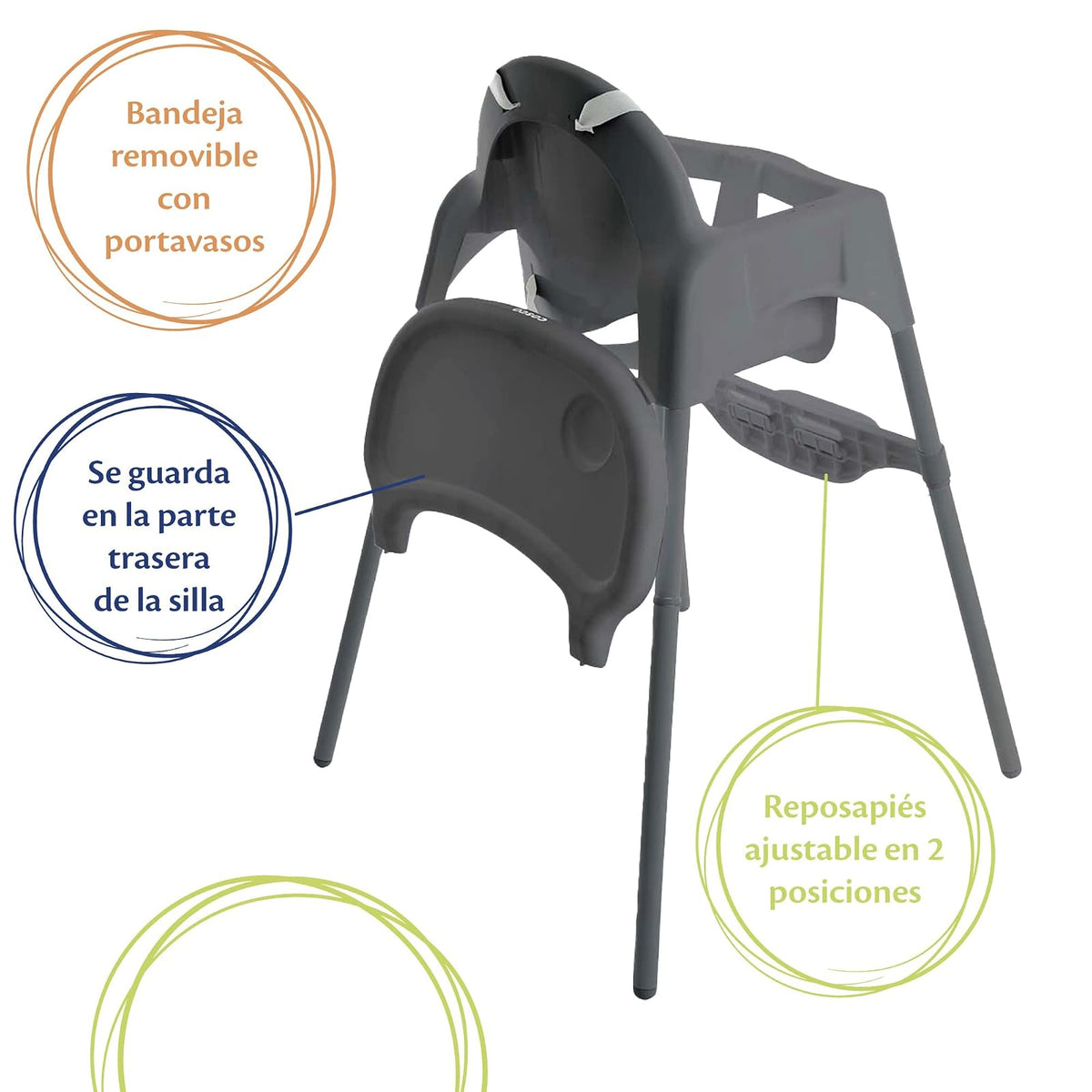 Cosco Silla Alta 2 en 1, Gris, con bandeja removible y arnés de 5 puntos. Uso desde 6 meses hasta 15 kg