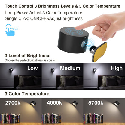 AKSDA Apliques de pared LED, lámparas de pared con pilas, luces inalámbricas montadas en la pared con 3 temperaturas de color y 3 brillo, bola magnética de 360°, puerto de carga USB para leer estudio