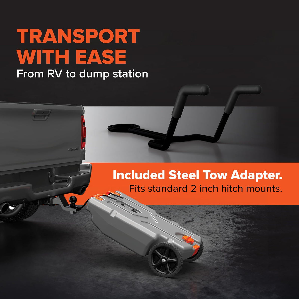 Camco Rhino - Tanque portátil de 15 galones para caravanas – Cuenta con Ruedas Grandes y Resistentes sin Planas y Orificio de Drenaje bajo, Incluye Adaptador de Remolque de Acero extraíble, Manguera