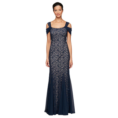 Alex Evenings Vestido Largo Hombros Descubiertos para Mujer - 16 - Azul marino - encaje