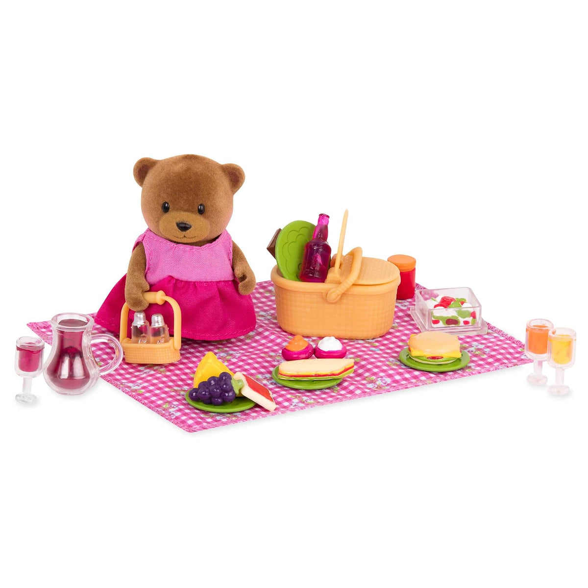 Li’l Woodzeez, Set de Picnic con osita y Cesta de Picnic, Picnic Playset | Set de 29 con osita, vestido, cesta, manta, platos, vasos, jarra y comida de juguete, Picnic Playset, 3 años y +