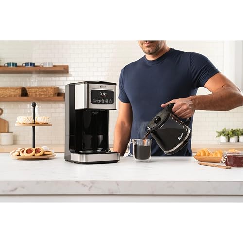 Oster Cafetera de Goteo Programable Capacidad 12 Tazas, Pantalla Táctil LED | Programa el café hasta 24 hrs de anticipación, pausa para servir, apagado automático, filtro reutilizable,