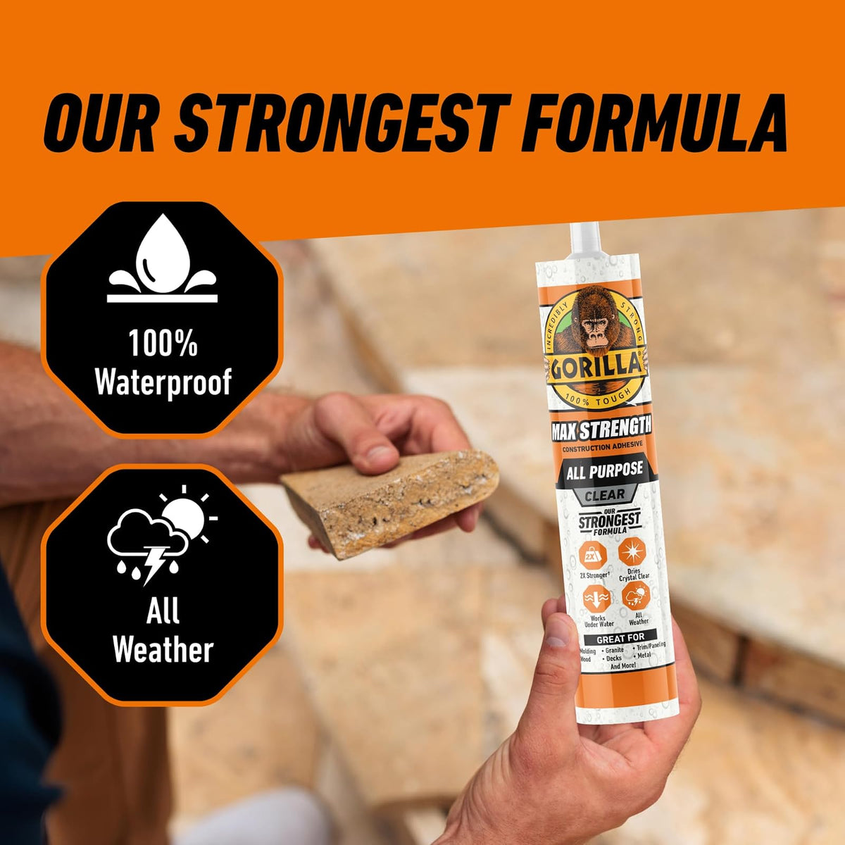 Gorilla Max Strength - calcomanía de construcción, pegamento transparente, cartucho de 9 onzas (paquete de 2) - Relleno de huecos e impermeable