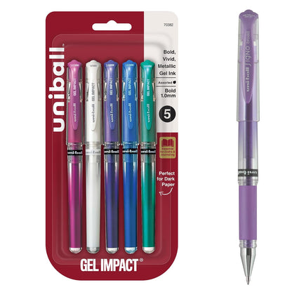 Uniball Signo - Bolígrafos de impacto de gel, punta negrita (1 mm), metal surtido, paquete de 5