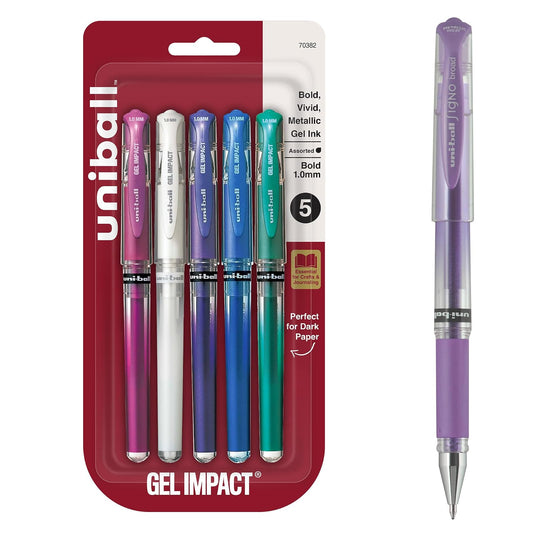 Uniball Signo - Bolígrafos de impacto de gel, punta negrita (1 mm), metal surtido, paquete de 5
