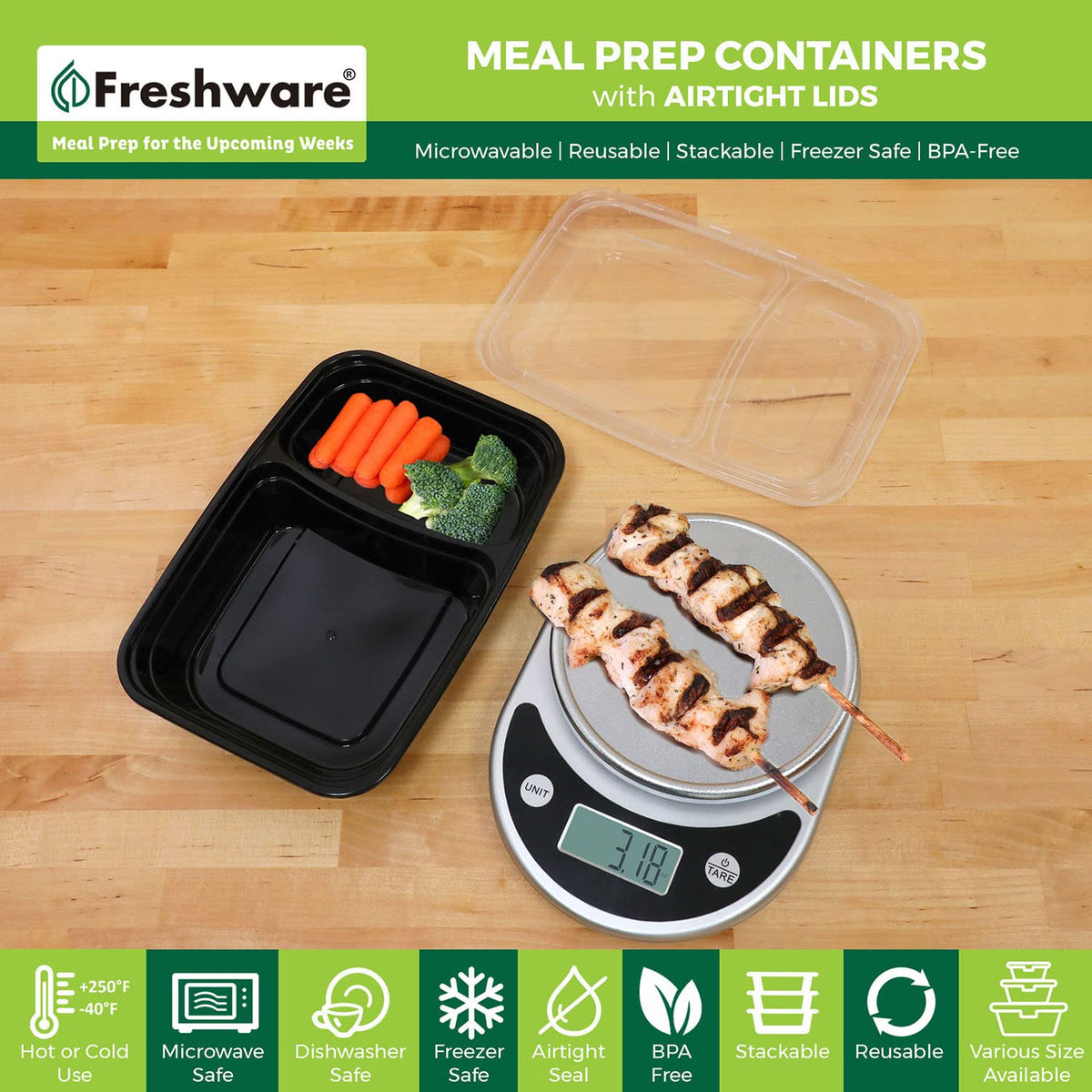 Freshware - Recipientes para preparación de comidas (15 unidades), 2 compartimentos con tapas, caja bento, sin BPA, apilables, aptos para microondas/lavaplatos/congelador (32 onzas), negro, 28