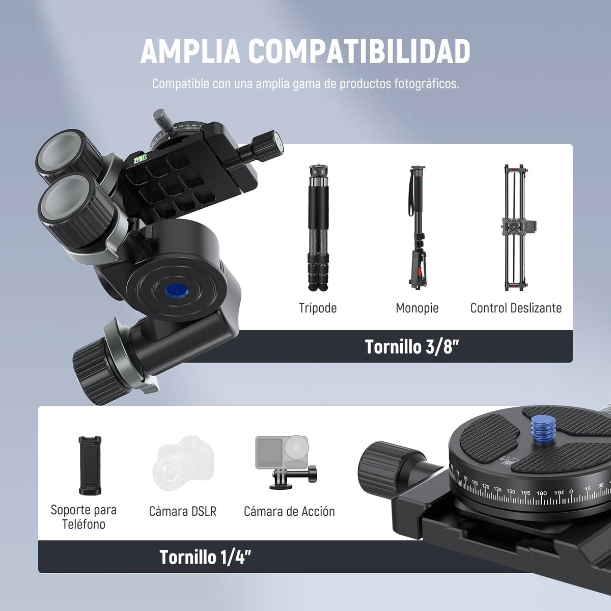 NEEWER Cabezal de trípode de 3 vías con placa QR tipo Pan Arca de 360°, microajuste milimétrico, cabezal de inclinación de 3 ejes de aleación de aluminio con interruptor rápido, modos dobles grandes y