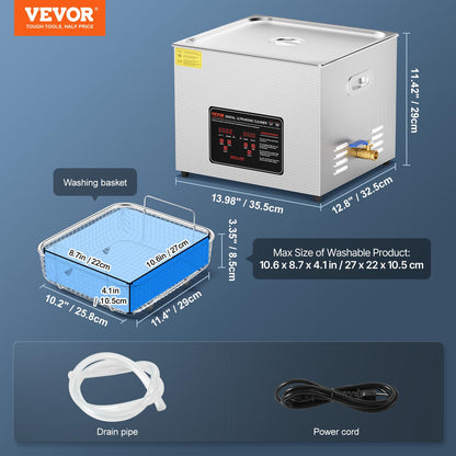 VEVOR Limpiador Ultrasónico, Máquina de Limpieza Profesional de 15 Litros y 360 W con Temporizador y Calentador, Limpiador Ultrasónico Digital de 40 kHz con Cesta para Relojes, Gafas, Joyas