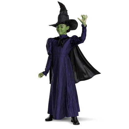 Wicked Elphaba Disfraz para niñas, disfraz oficial de lujo de elphaba malvado, capa y sombrero, tamaño de niños (10-12)