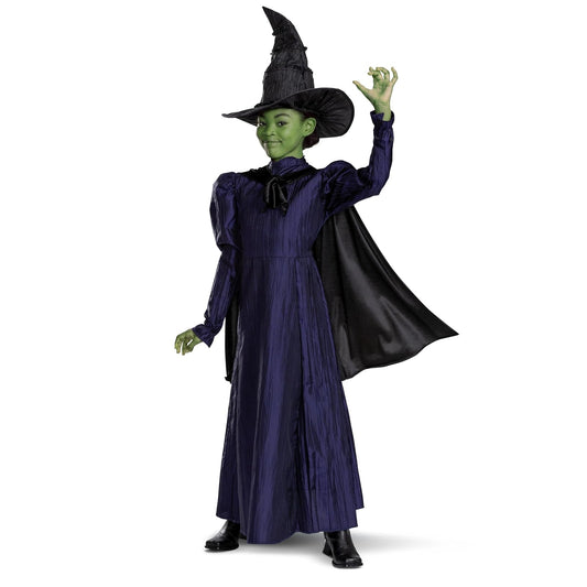 Wicked Elphaba Disfraz para niñas, disfraz oficial de lujo de elphaba malvado, capa y sombrero, tamaño de niños (10-12)