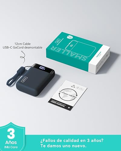 INIU Power Bank, Pequeño 20000mAh 22,5W Carga Rapida Bateria Phone Externa | Cable USB C Desmontable, Apto para Avión, Esenciales de Viaje, Bateria Portatil para iPhone 17, Samsung, iPad, etc. [Azul]