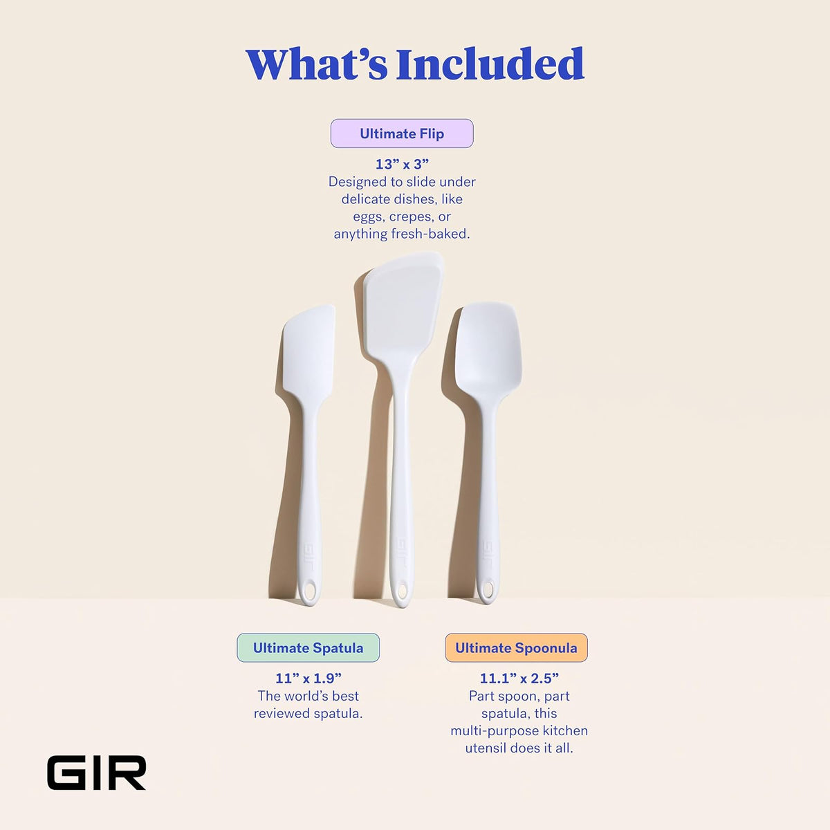 GIR: Get It Right - Juego de utensilios de silicona de 3 piezas, espátula, volteo y cuchara, antiadherente, resistente al calor, apto para lavaplatos, utensilios de cocina, suministros para hornear, última intervensión de BPA y BPS, blanco de estudio