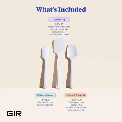GIR: Get It Right - Juego de utensilios de silicona de 3 piezas, espátula, volteo y cuchara, antiadherente, resistente al calor, apto para lavaplatos, utensilios de cocina, suministros para hornear, última intervensión de BPA y BPS, blanco de estudio
