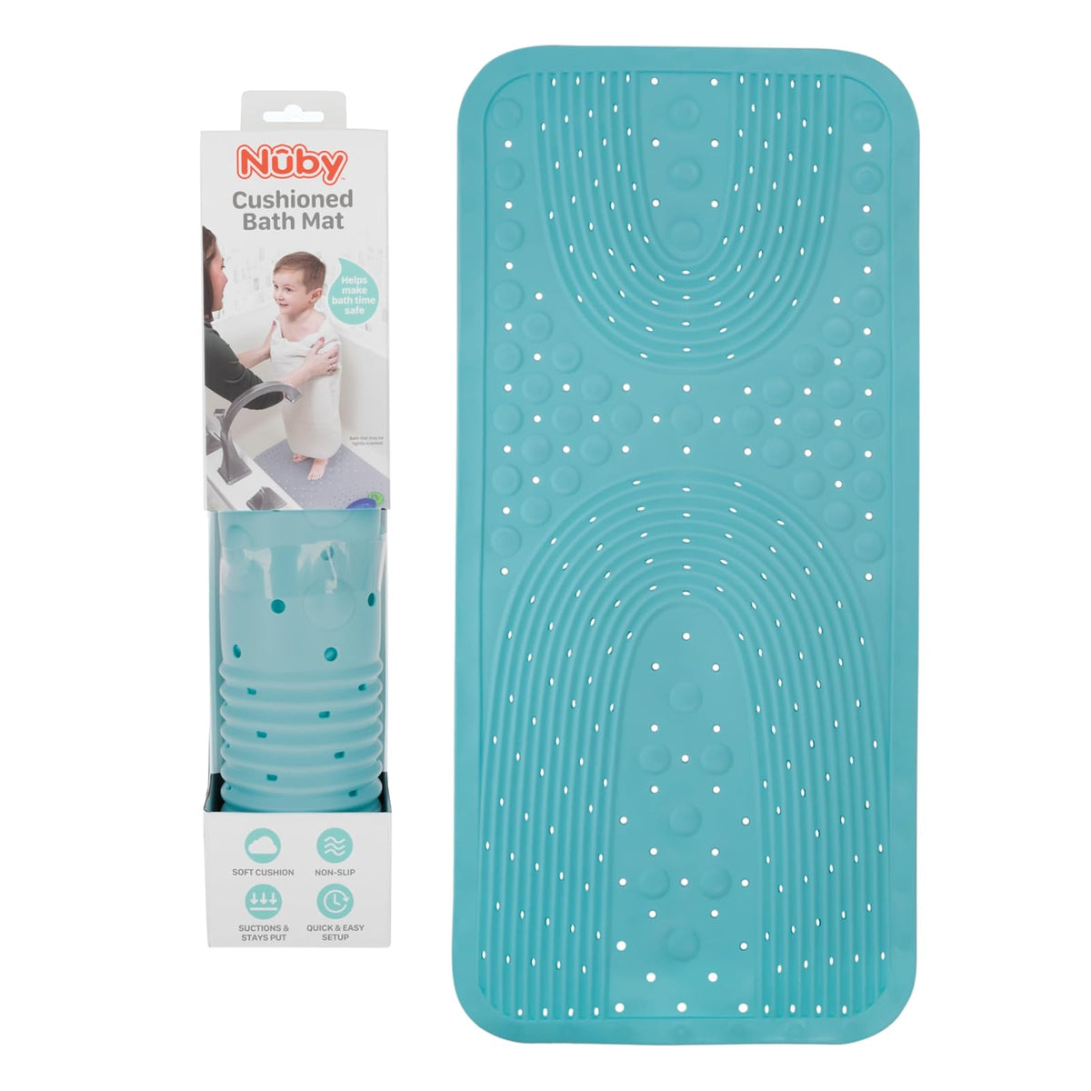 Nuby - Alfombrilla de baño Acolchada para bebés y niños pequeños, Alfombrilla Antideslizante para Ducha y Tina con ventosas, Color Aguamarina