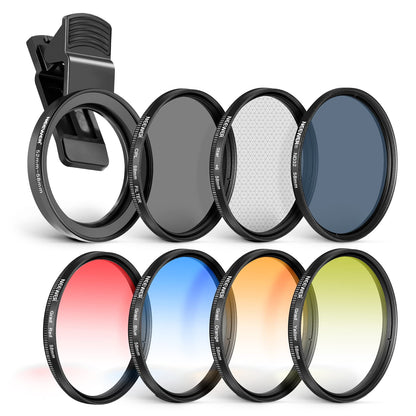NEEWER 58mm Kit de Filtro de Lente con Clip de Lente de Teléfono, CPL, ND32, Filtro Estrella 6 Puntos, Filtros Graduados (4 Colores), Compatible con iPhone 16 15 14 Pro MAX 13 12 11 Canon Nikon Sony