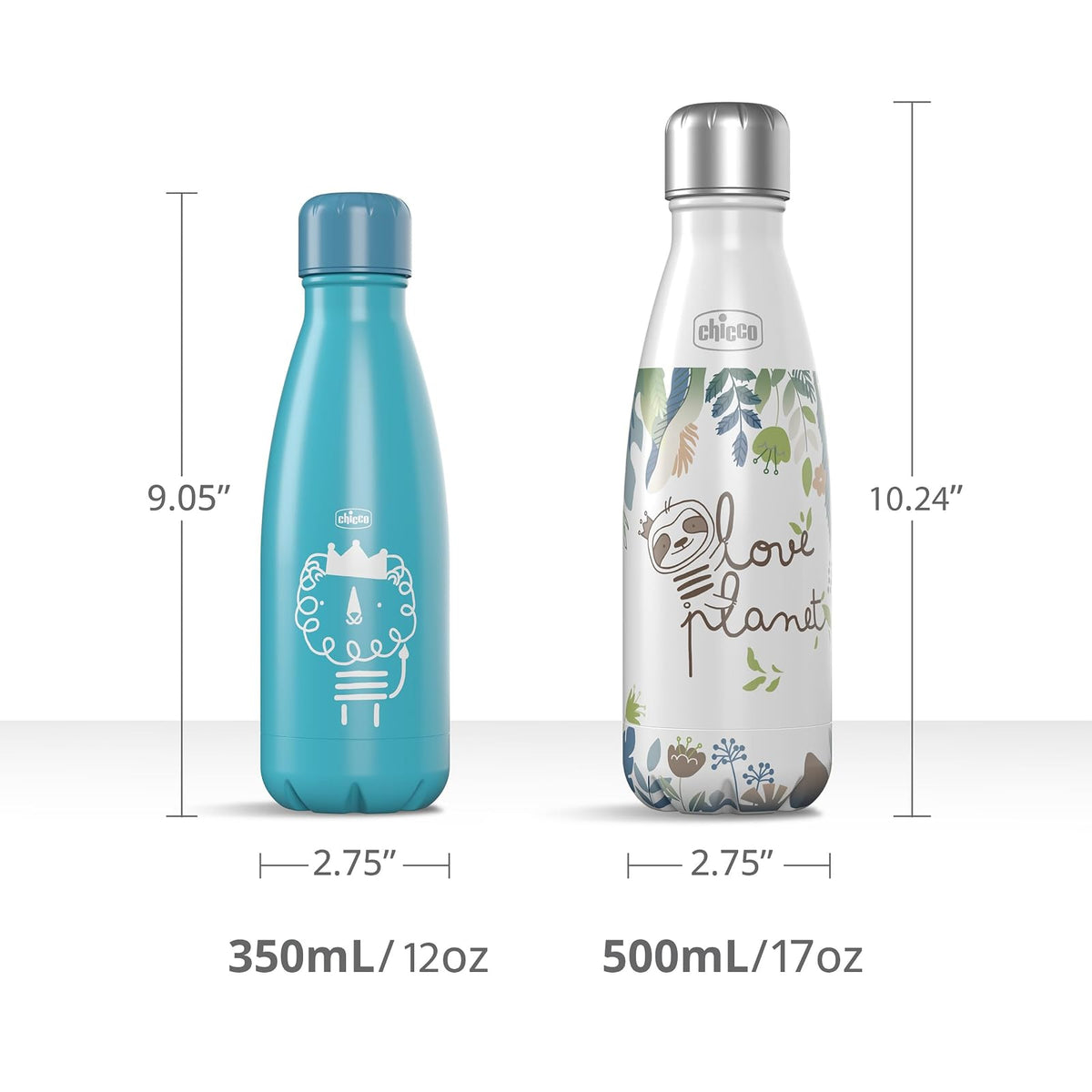 Chicco - Botella de agua aislada al aspiradora de doble pared de acero inoxidable, 17 onzas, acero inoxidable de grado alimenticio, apertura de boca ancha, a prueba de fugas y sin sudor, perezoso, más