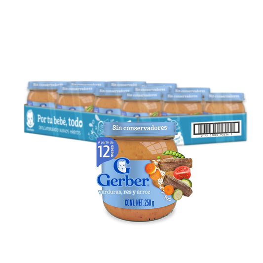 Gerber Papilla Etapa 4, A Partir de 12 Meses, Res, Verduras y Arroz, Pack 12 Frascos de 250 g c/u