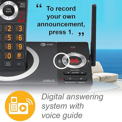 AT&T CL82219 Teléfono Inalámbrico DECT 6.0 | Negro, 2 auriculares, contestador, de llamadas, anunciador de ID, intercomunicador