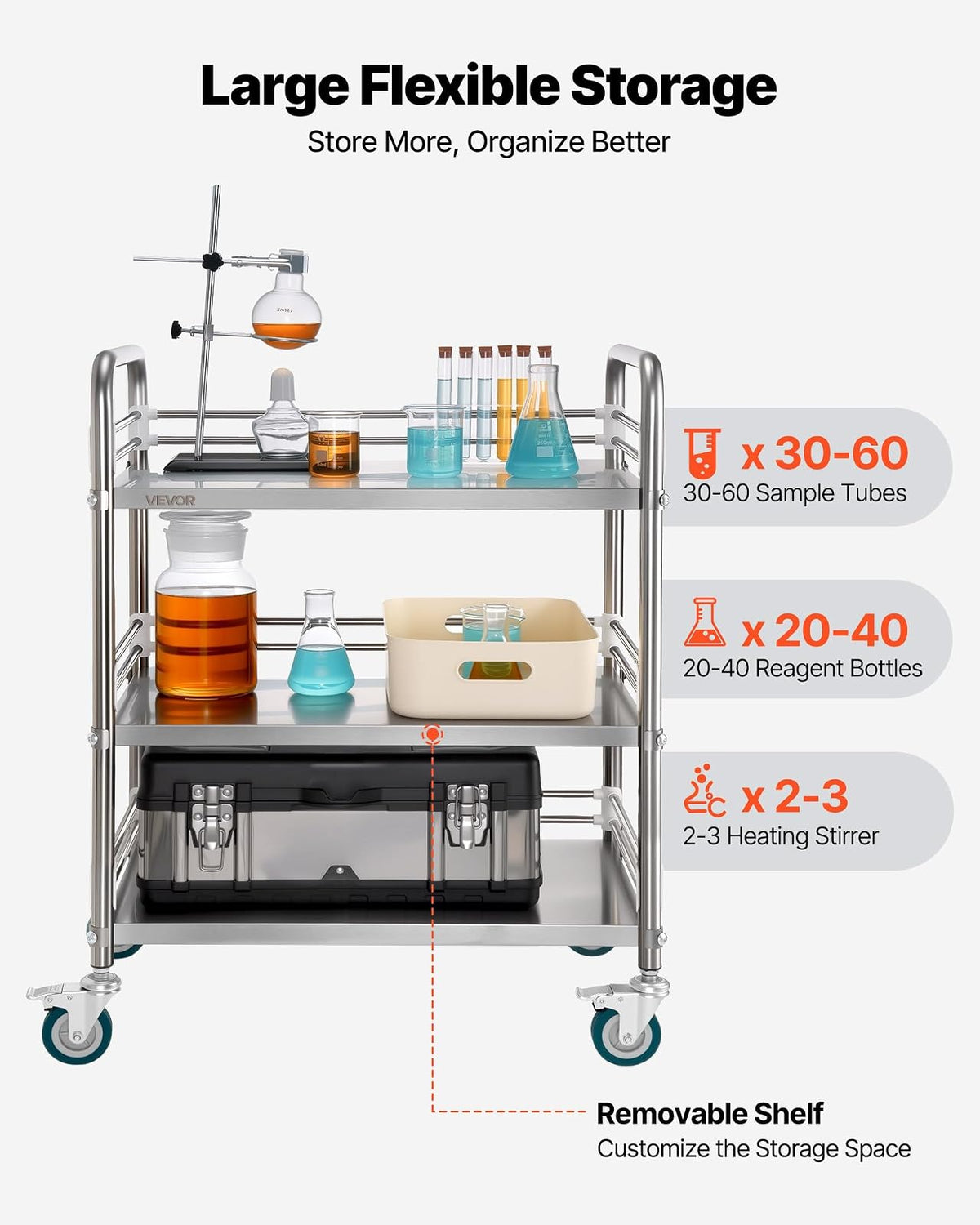 VEVOR Carro de Laboratorio de Acero Inoxidable 3 Niveles con Ruedas Bloqueables, Bandeja de Almacenamiento Móvil Resistente para Hospitales, Restaurantes, Cocinas, Salones, 615 x 410 x 870 mm