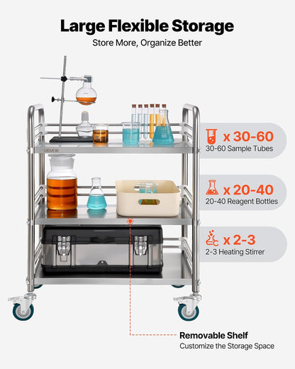 VEVOR Carro de Laboratorio de Acero Inoxidable 3 Niveles con Ruedas Bloqueables, Bandeja de Almacenamiento Móvil Resistente para Hospitales, Restaurantes, Cocinas, Salones, 615 x 410 x 870 mm